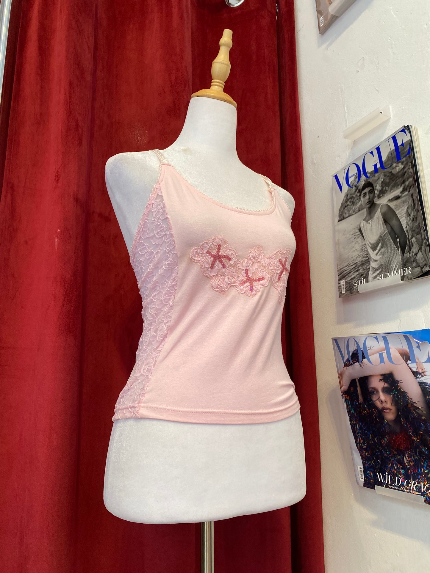 Pink summer top with sequin and lace details
