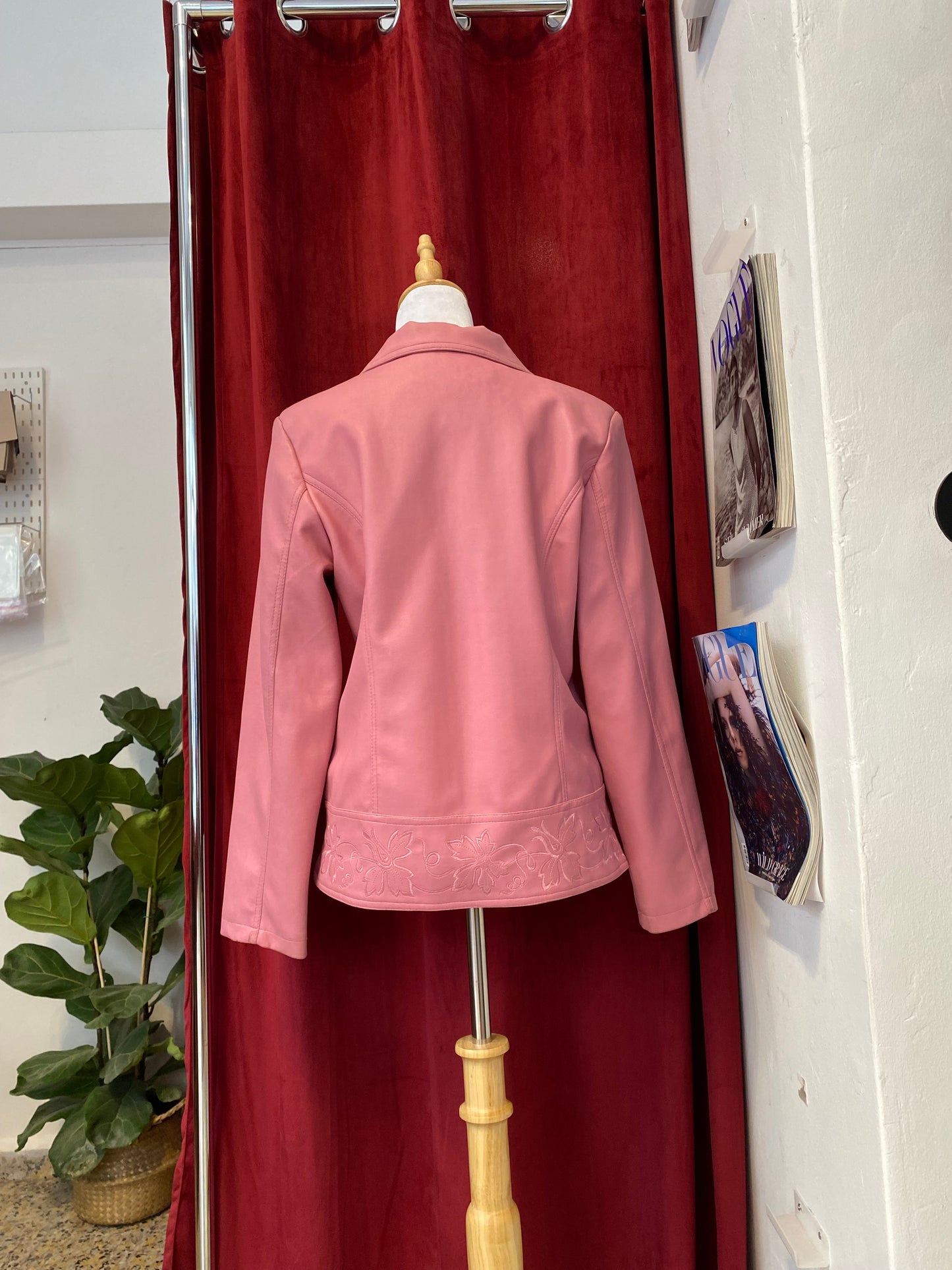 Real leather pink embroidered jacket