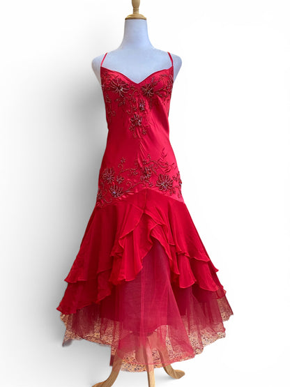 Red satin hand embroidered gown ❤️