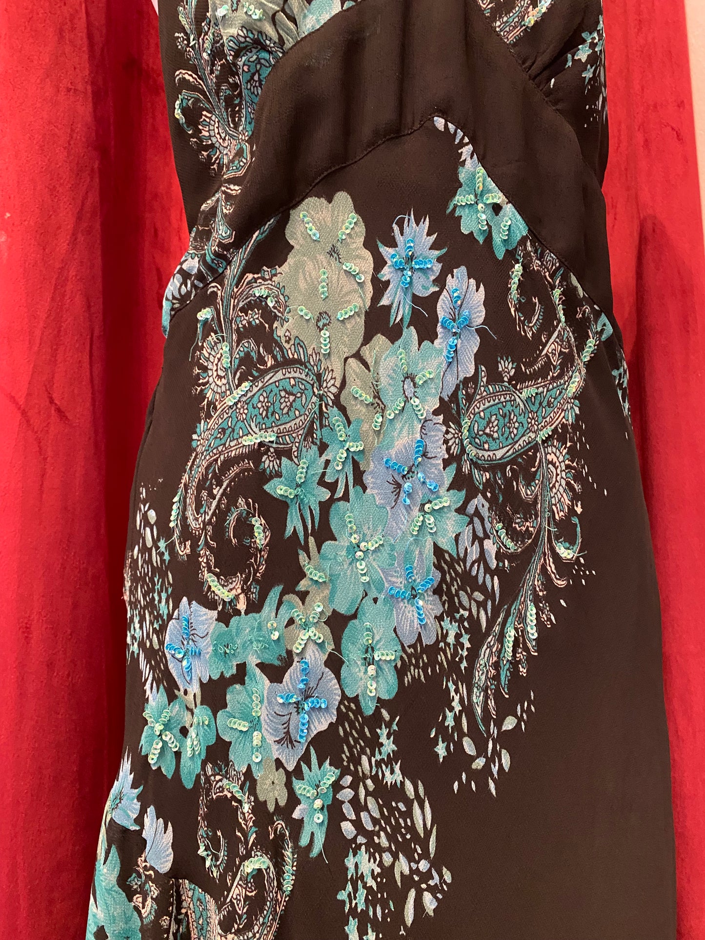 All over handbeaded maxi ruffled dress with matching scarf