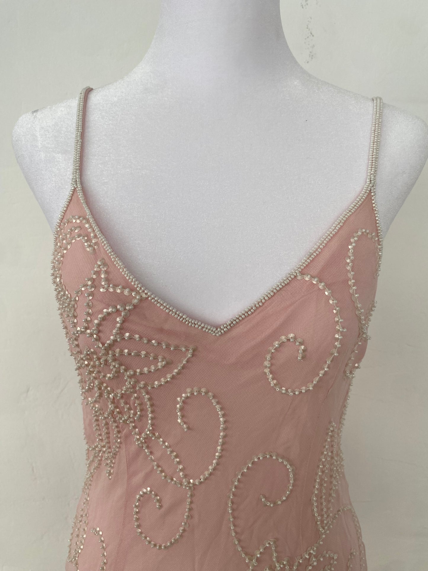 100% silk brand new baby pink maxi dress with handbeaded details