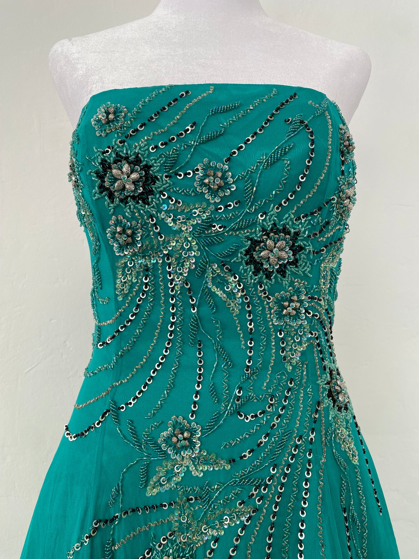 100% silk brand new maxi strapless gown with all over handbeaded details
