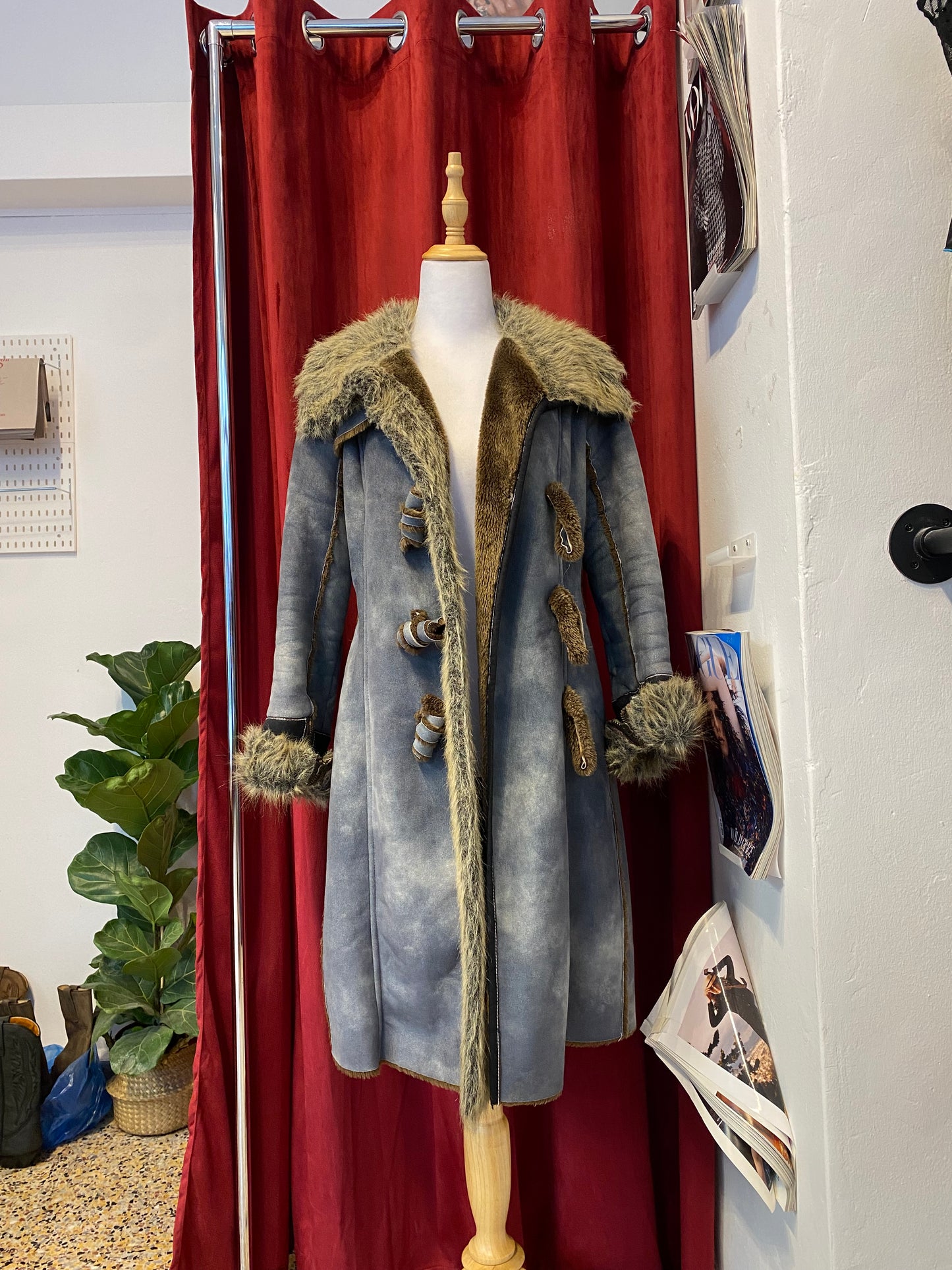 Long blue Afghan coat with vegan fur