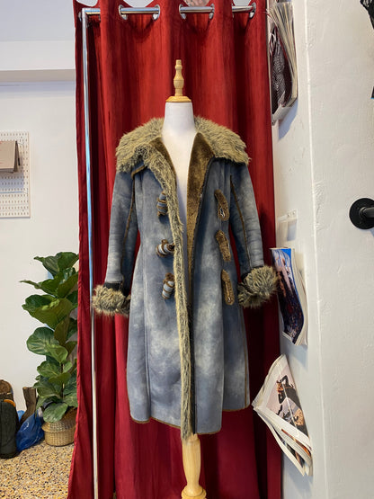 Long blue Afghan coat with vegan fur