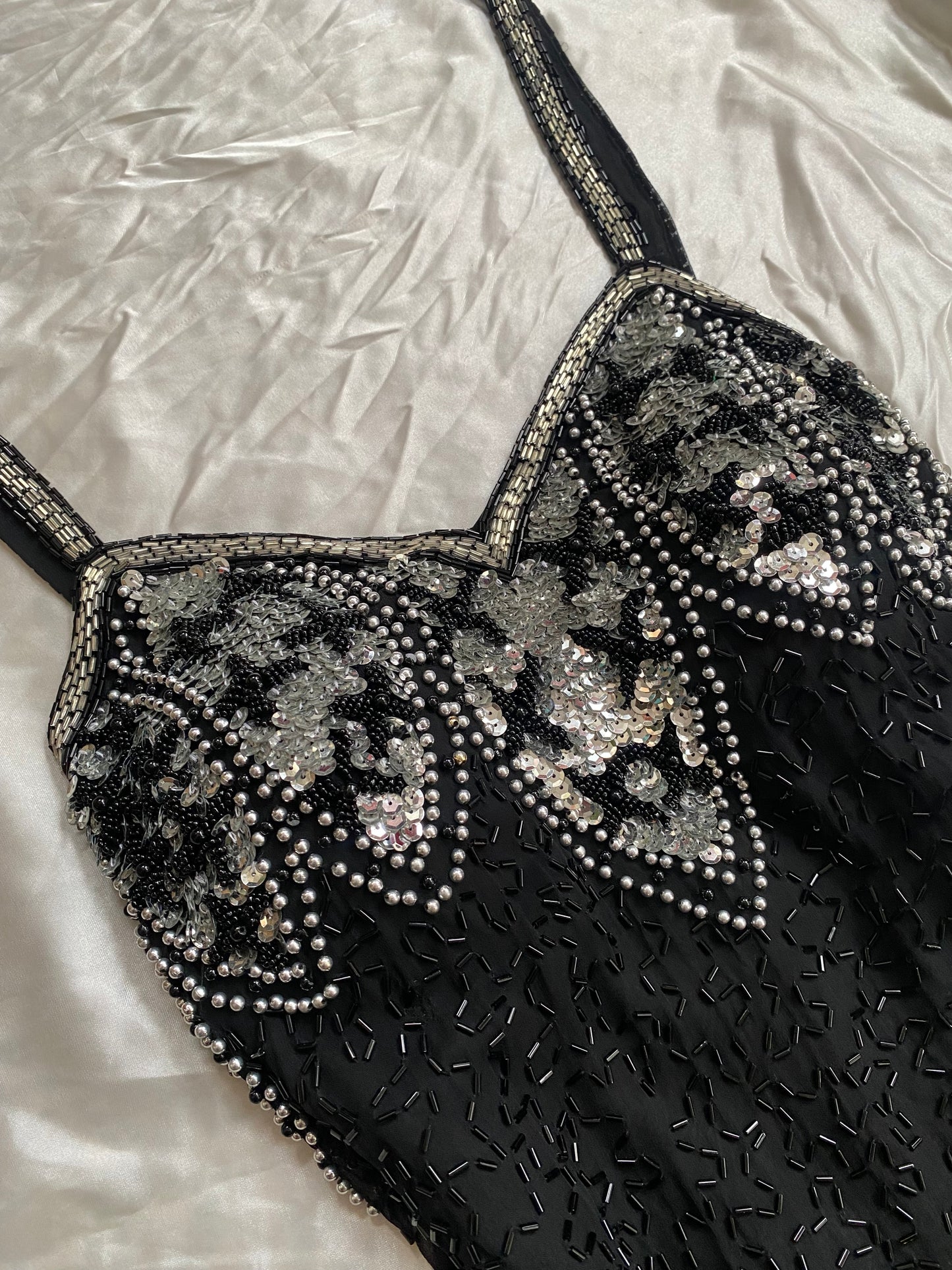 100% silk black dress with all over handbeaded details