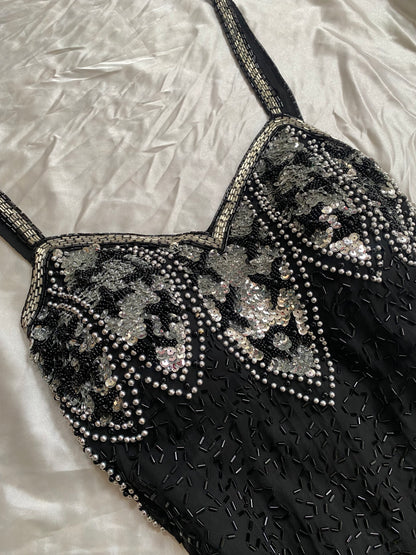 100% silk black dress with all over handbeaded details