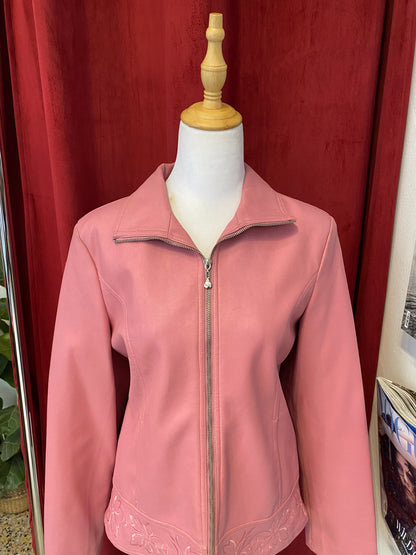 Real leather pink embroidered jacket