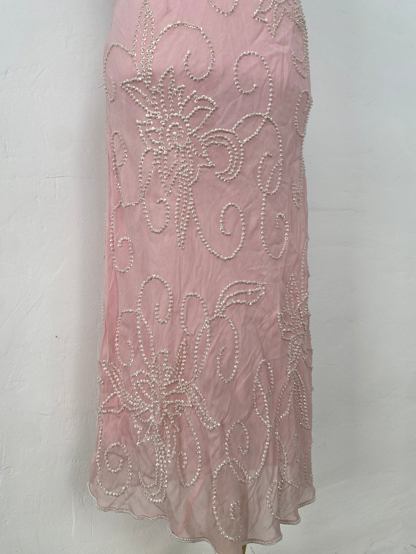 100% silk brand new baby pink maxi dress with handbeaded details