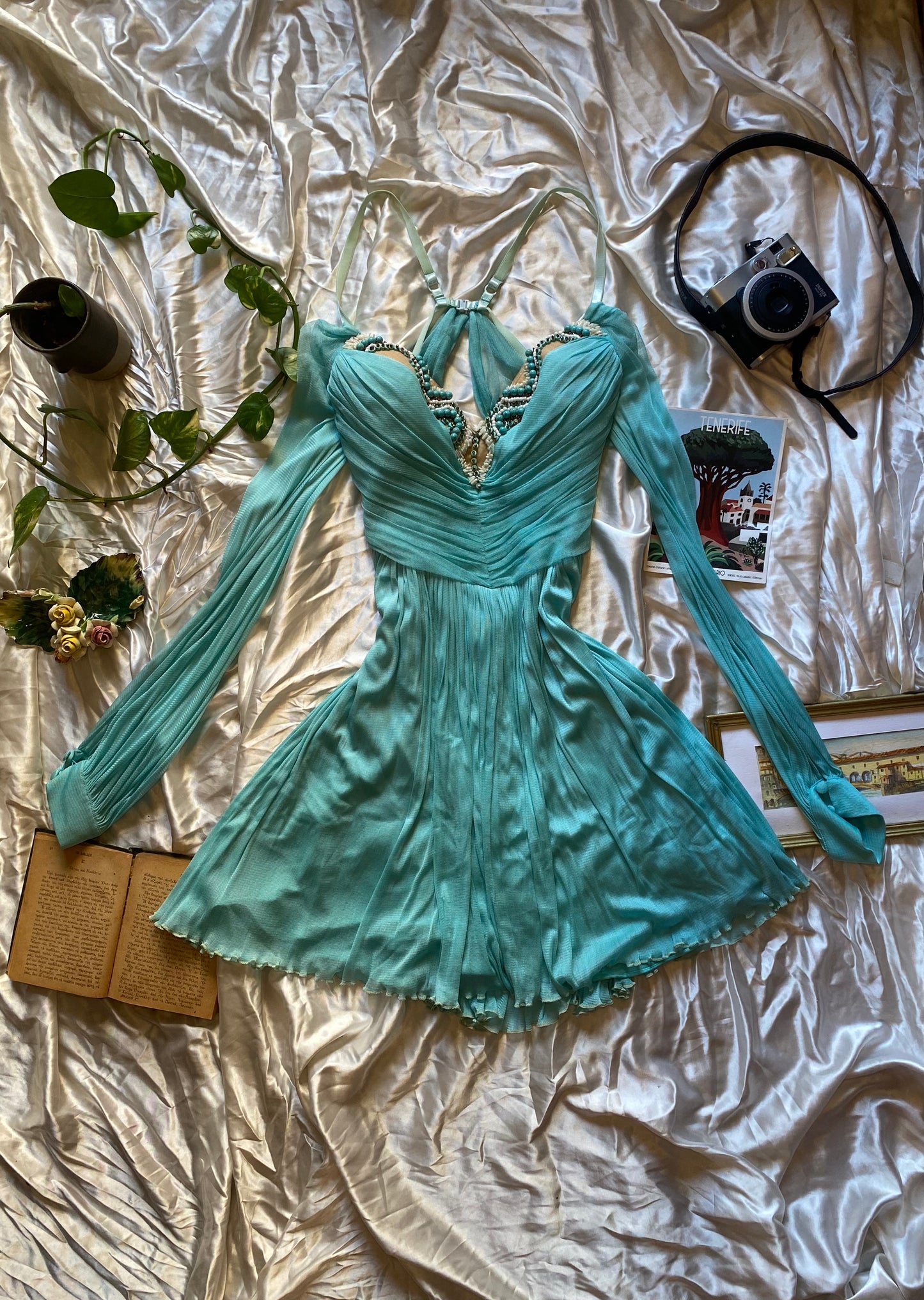 Brand new haute couture silk net baby blue mini dress