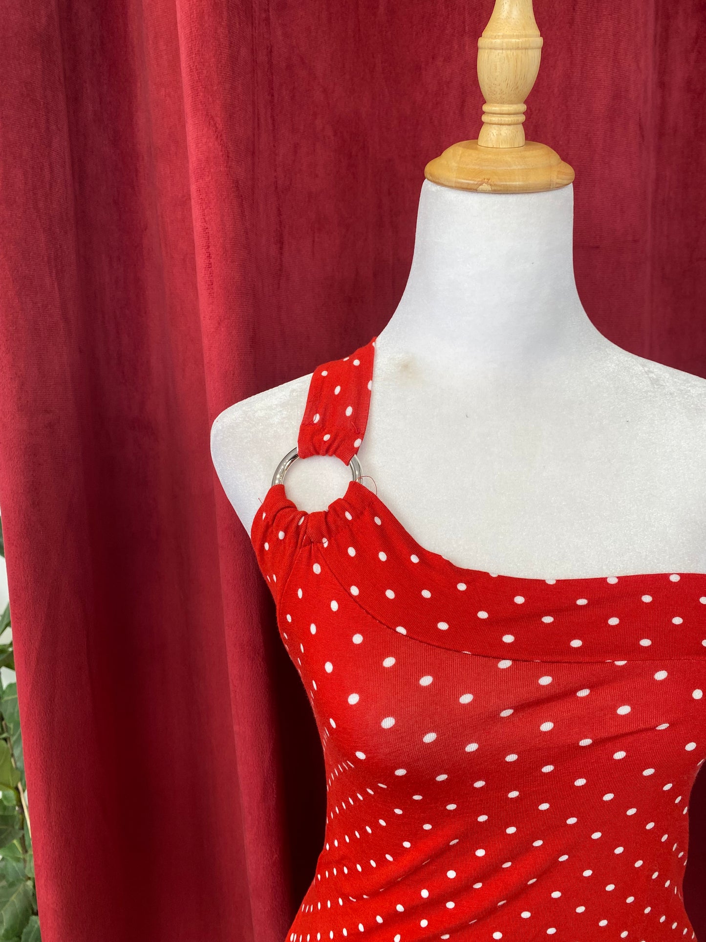 One shoulder red polka dot top