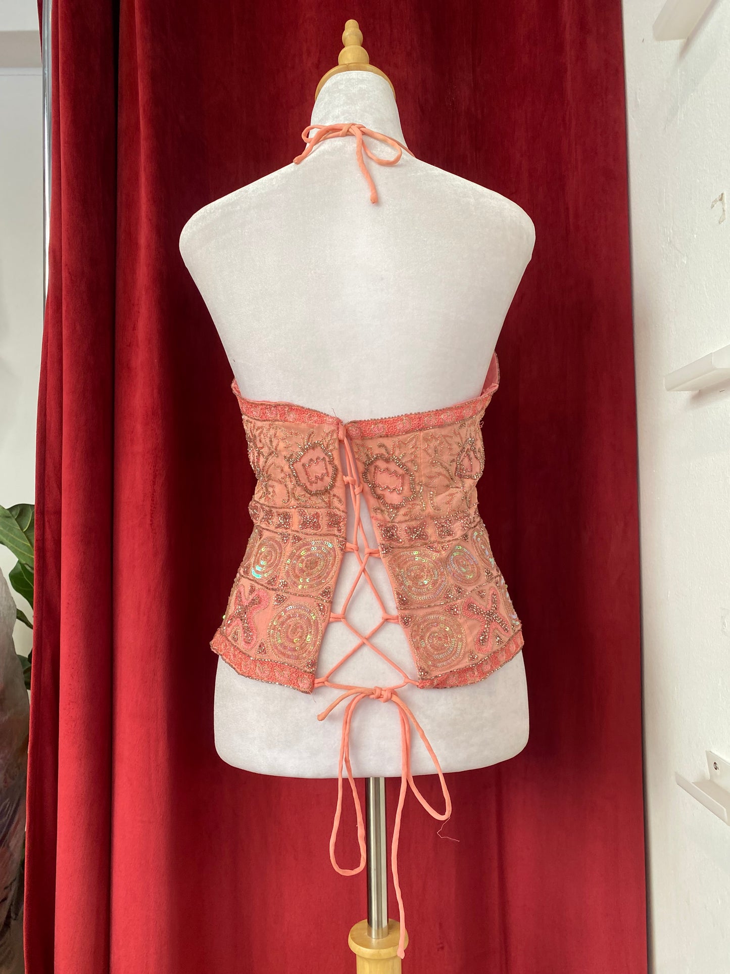 100% silk handbeaded baby pink corset