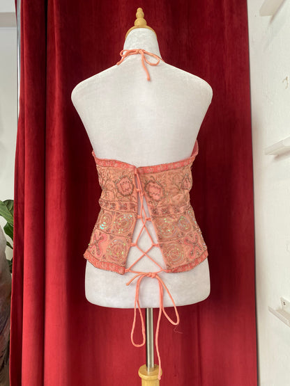 100% silk handbeaded baby pink corset