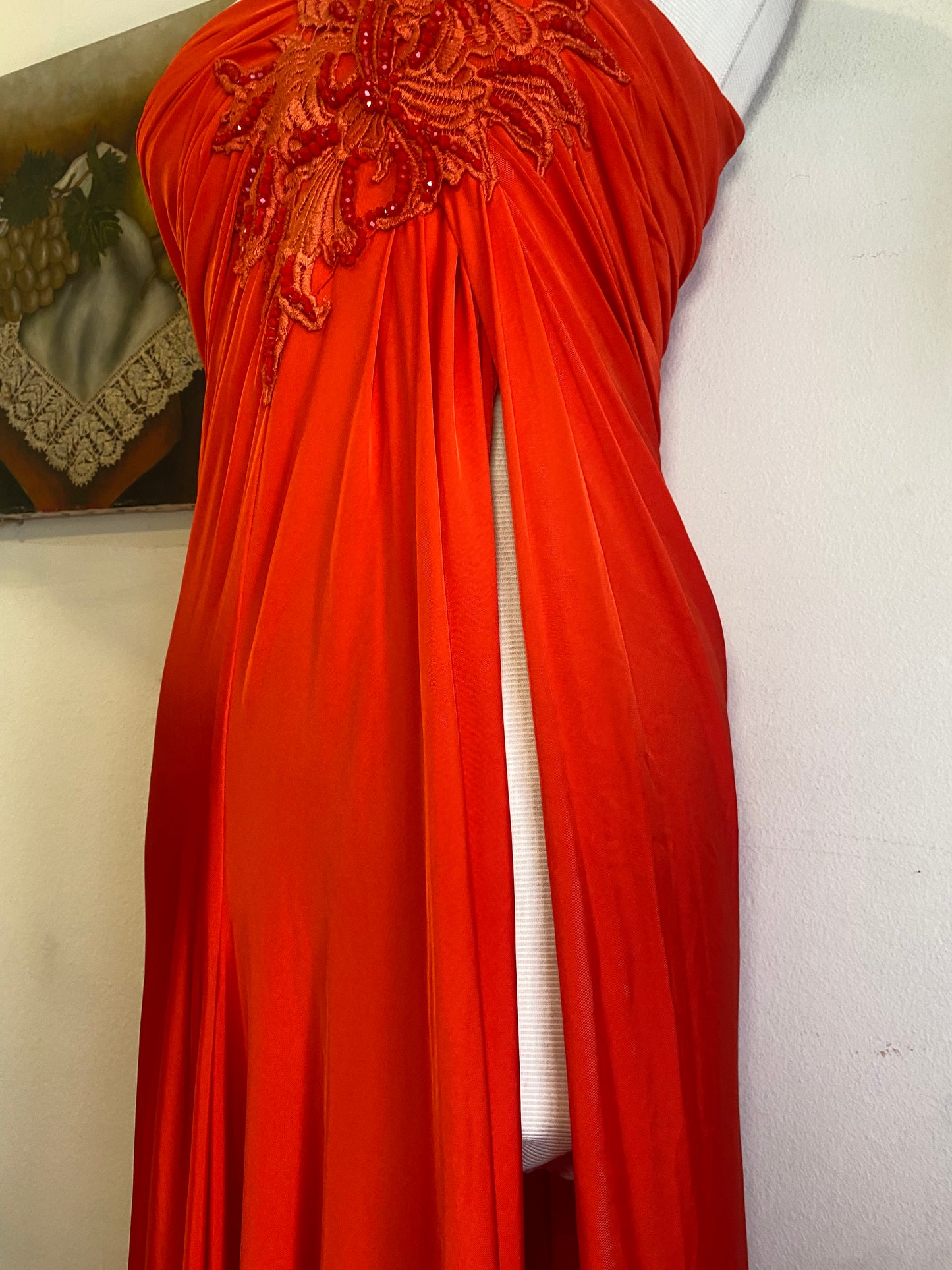 Brand new high slit haute couture orange rushed up dress