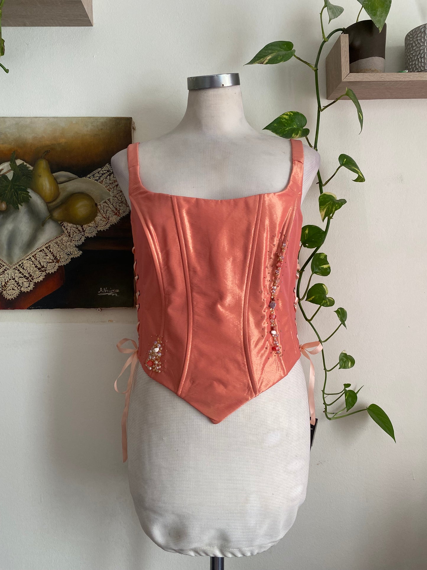 Brand new liquid organza orange lace up beaded corset