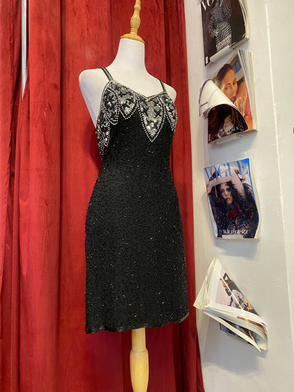 100% silk black dress with all over handbeaded details