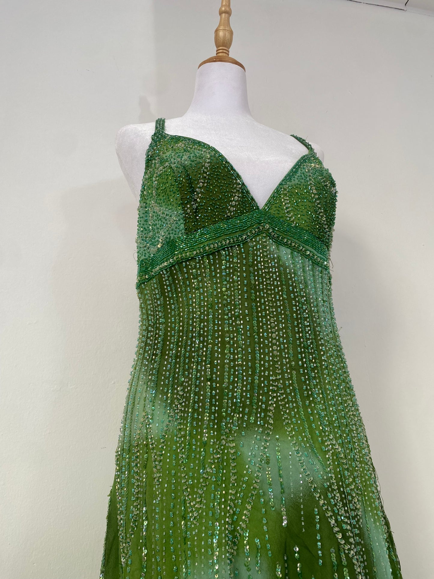 100% silk brand new green all over handbeaded dress