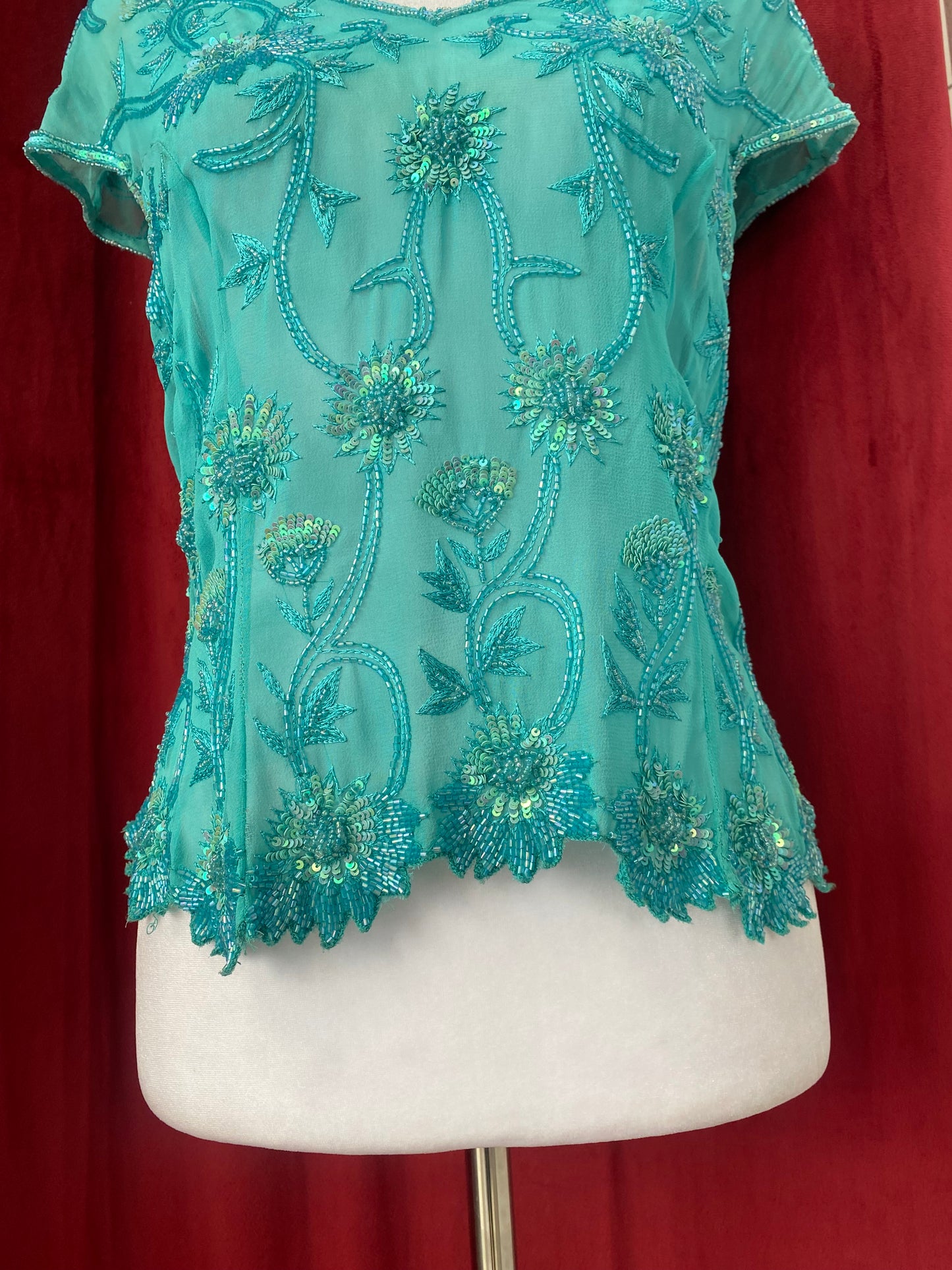 100% silk teal handbeaded top 🩵