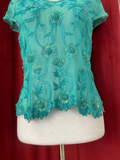 100% silk teal handbeaded top 🩵