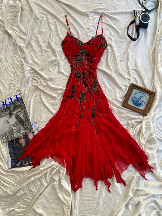 100% silk brand new deep red gown with all over handbeaded details