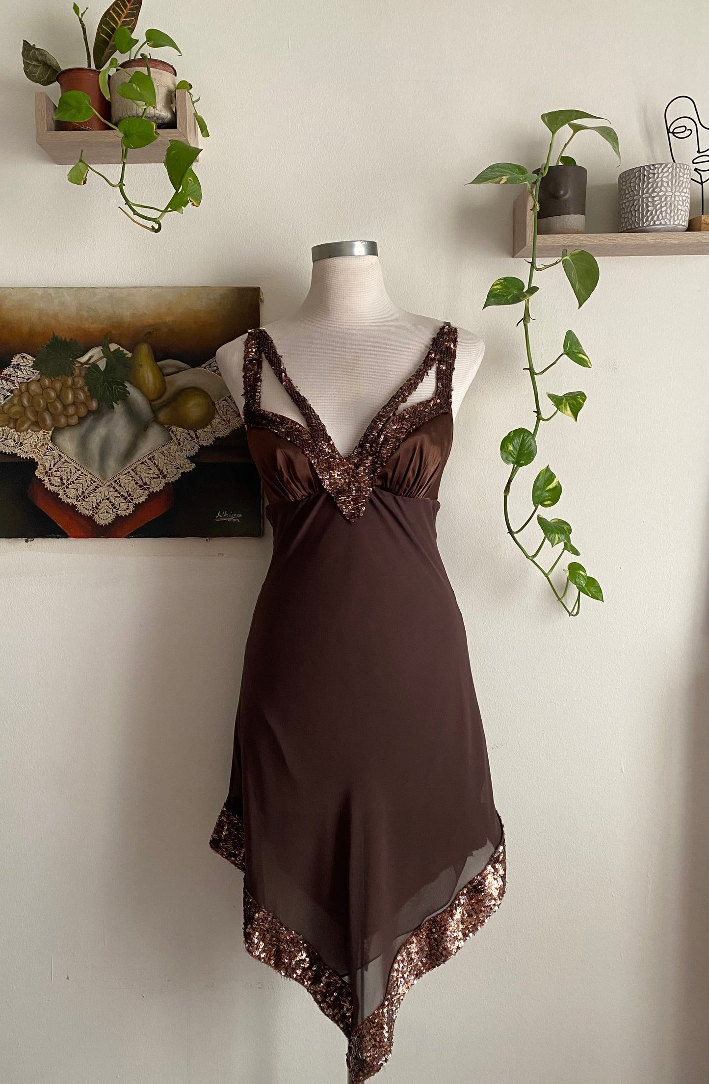100% silk mini sequin brown dress
