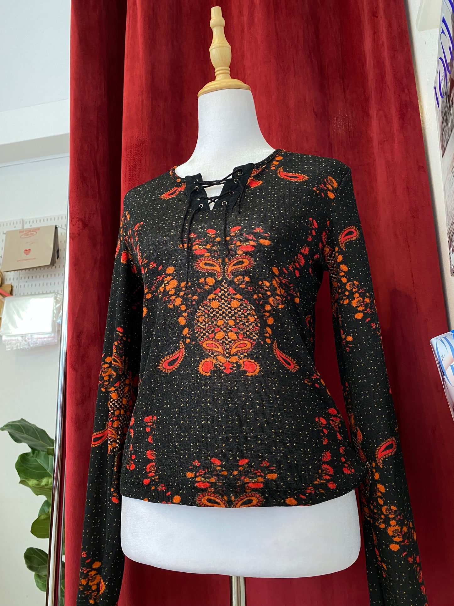 Black lace up multicoloured blouse