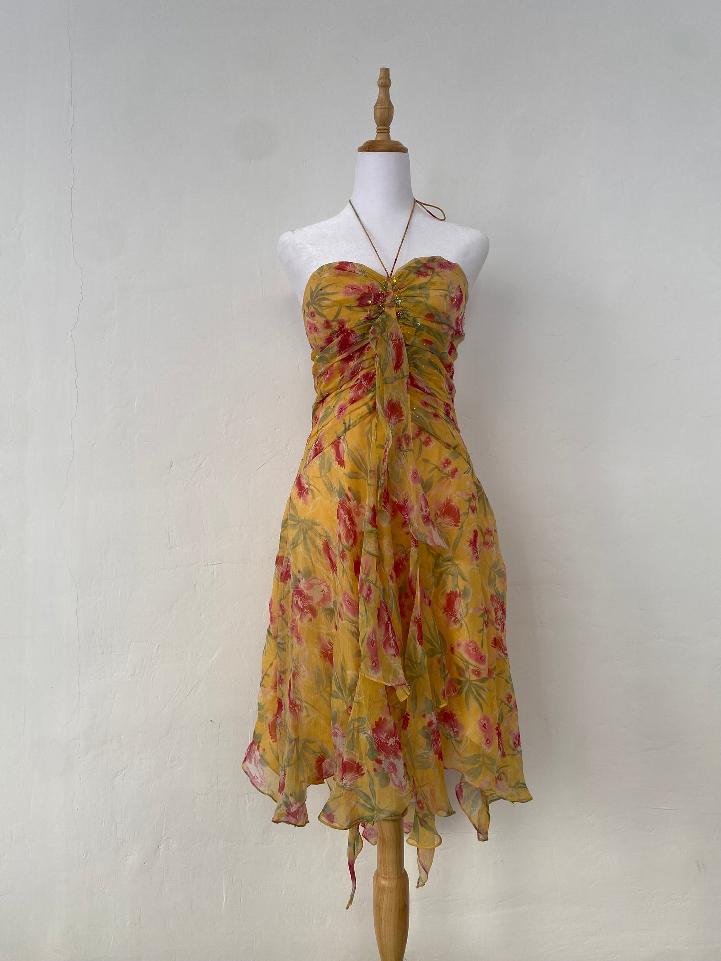 100% silk brand new yellow fairy ruffled dress with handbeaded details