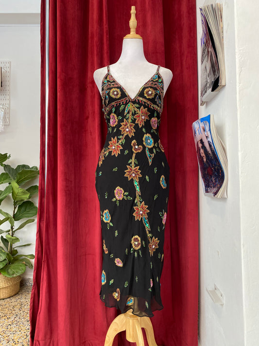 100% silk brand new handcrafted black gown with colourful embellishments 💐