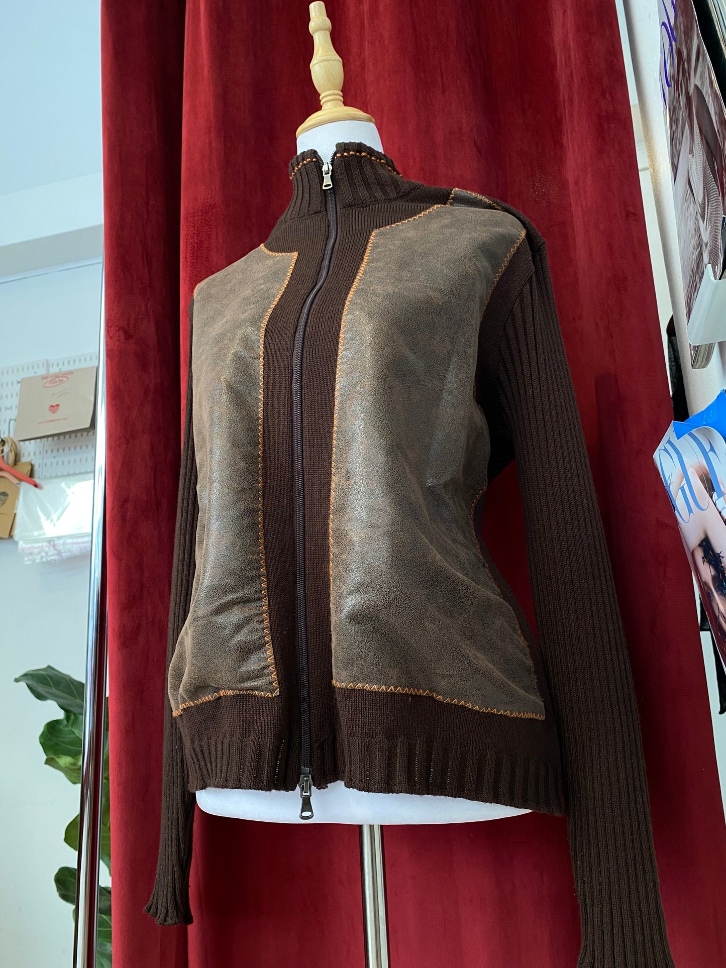 Brown leather crochet jacket