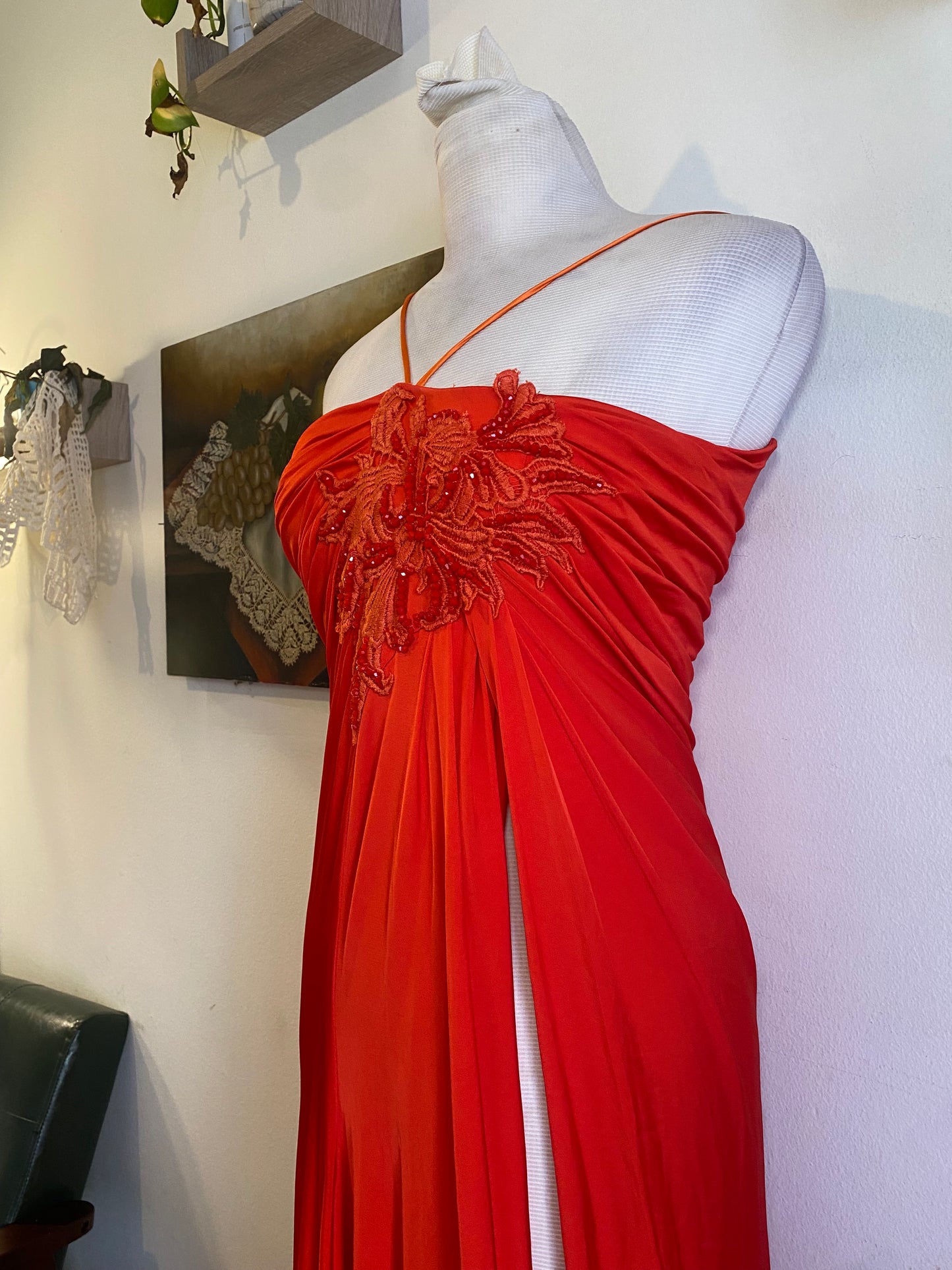 Brand new high slit haute couture orange rushed up dress