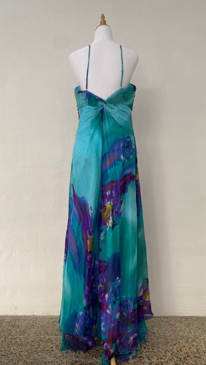 100% silk brand new maxi multicoloured gown with handbeaded details
