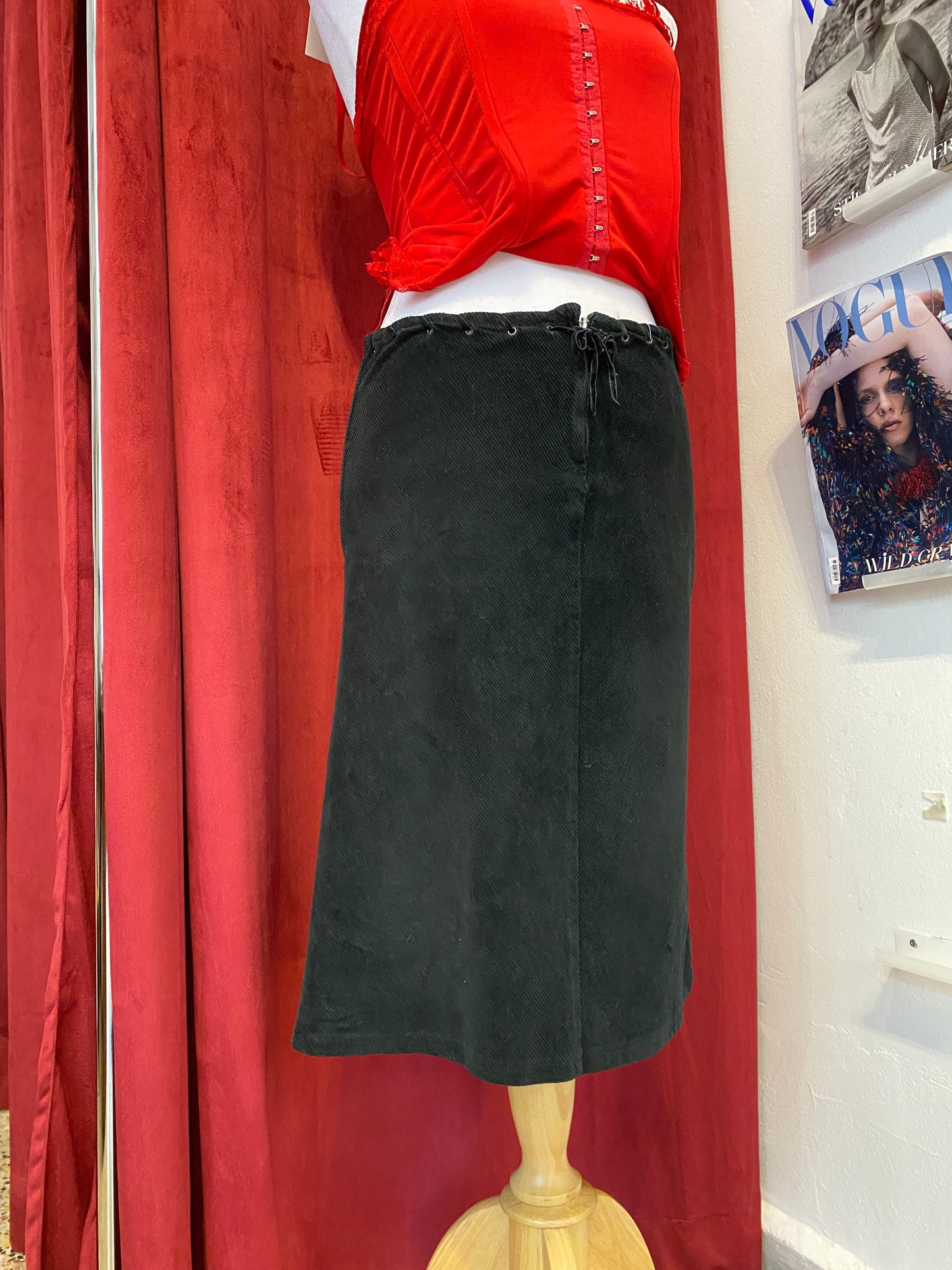 Corduroy midi skirt with leather belt details