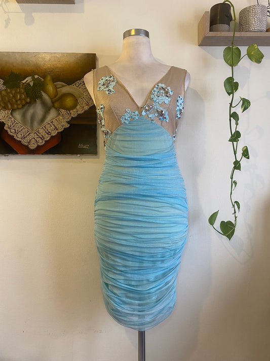 100% silk brand new haute couture baby blue rushed up dress