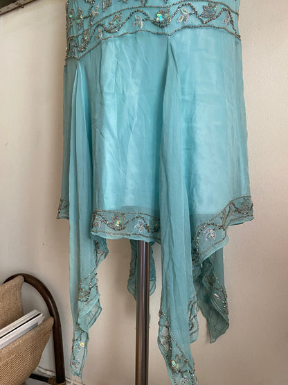 100% silk fairy baby blue gown with handbeaded details all over