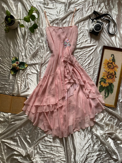 Baby pink ruffled high slit dress