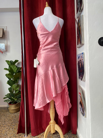 Brand new pink satin set with ruffled details