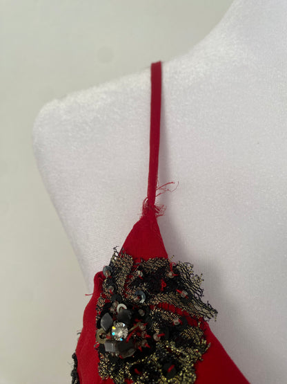 100% silk brand new deep red gown with all over handbeaded details
