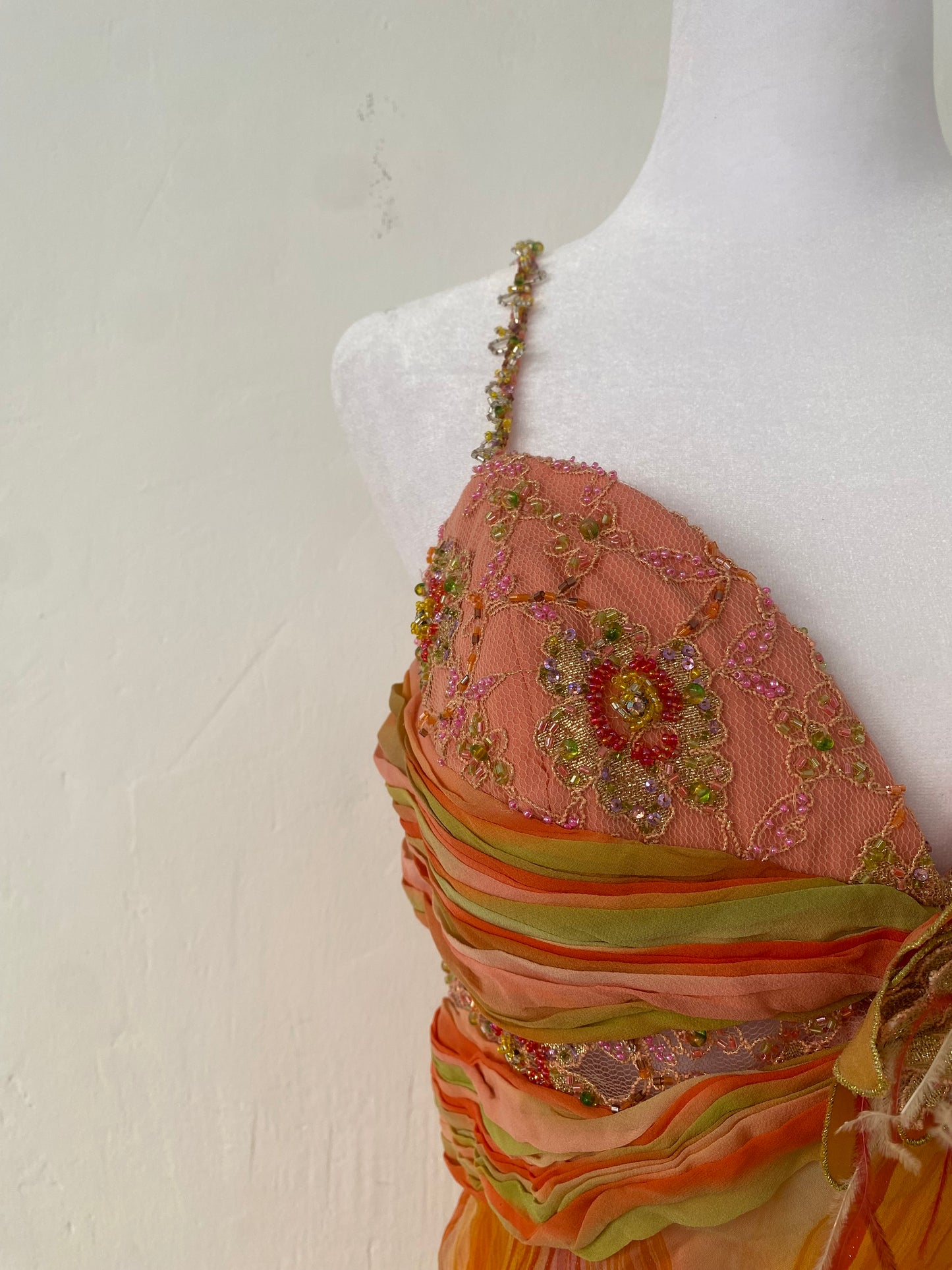 100% silk brand new sunset gown with handbeaded details