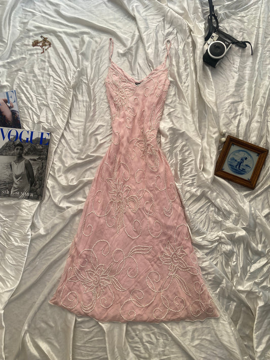 100% silk brand new baby pink maxi dress with handbeaded details