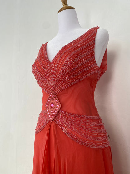 100% silk brand new pink maxi gown with handbeaded details
