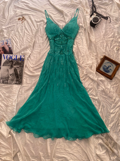 100% silk brand new turquoise gown with handbeaded details all over