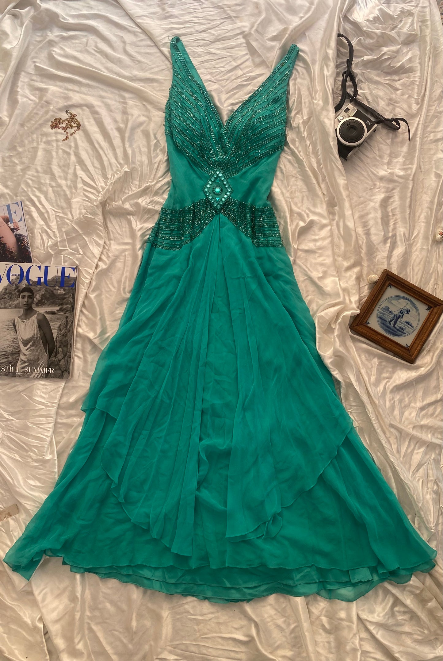 100% silk brand new handbeaded turquoise maxi gown