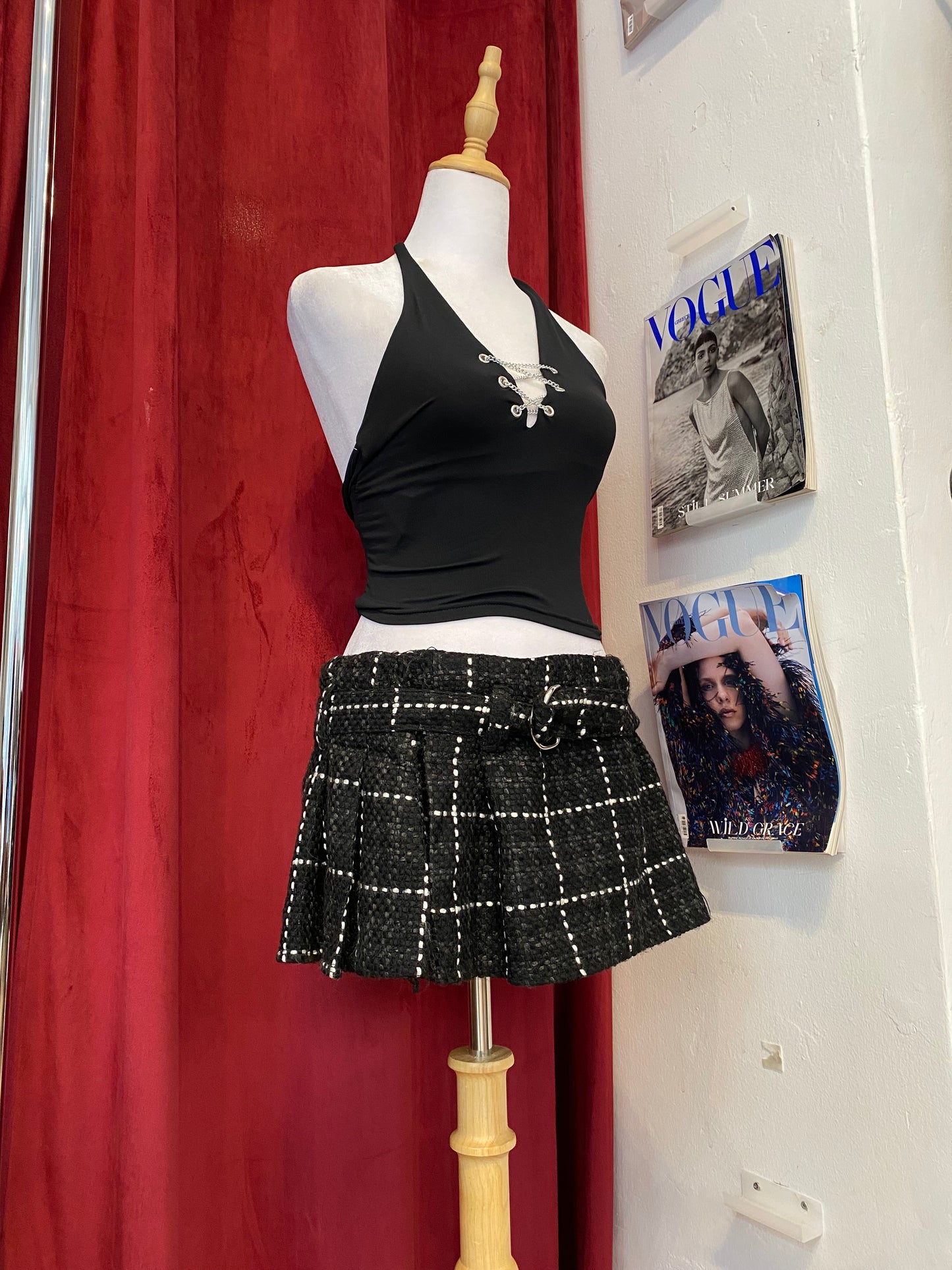 Micro mini pleated tweed skirt with belt detail