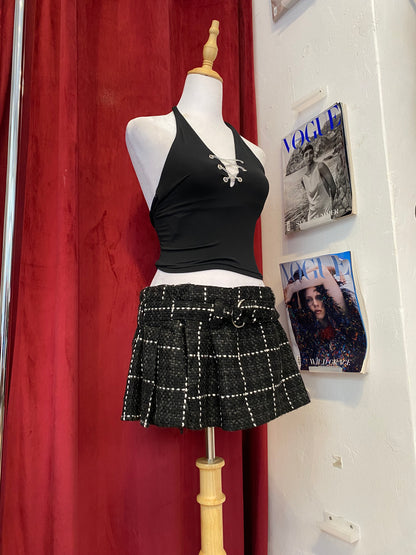 Micro mini pleated tweed skirt with belt detail