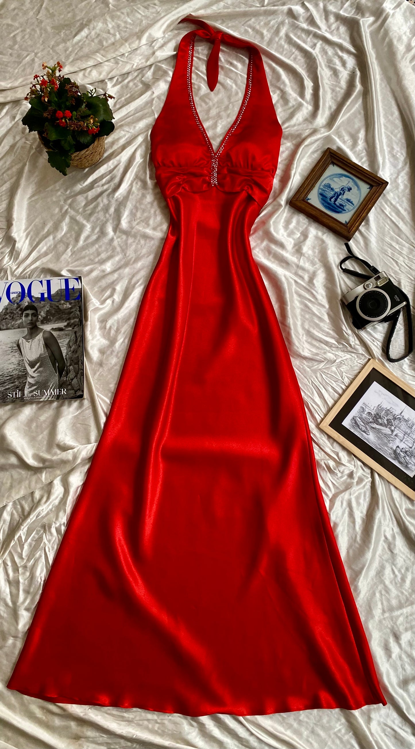 Red maxi satin gown with rhinestones