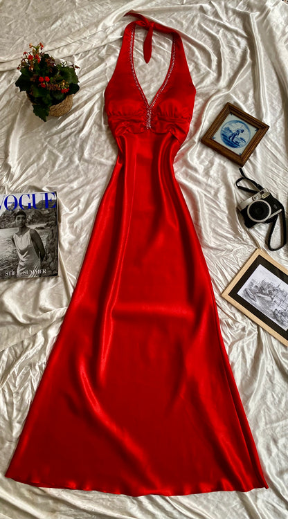 Red maxi satin gown with rhinestones