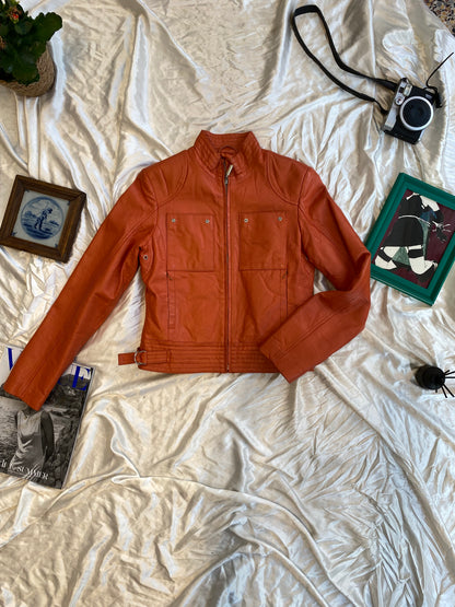 Real leather fitted orange biker jacket