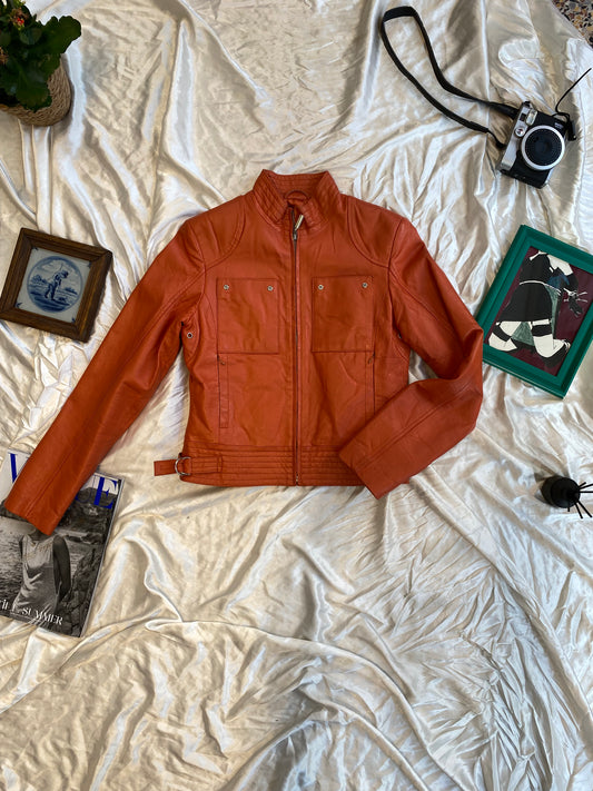 Real leather fitted orange biker jacket