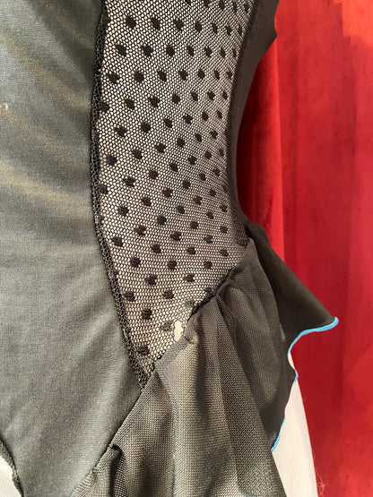 Black corset with blue hints and lace up details in the back