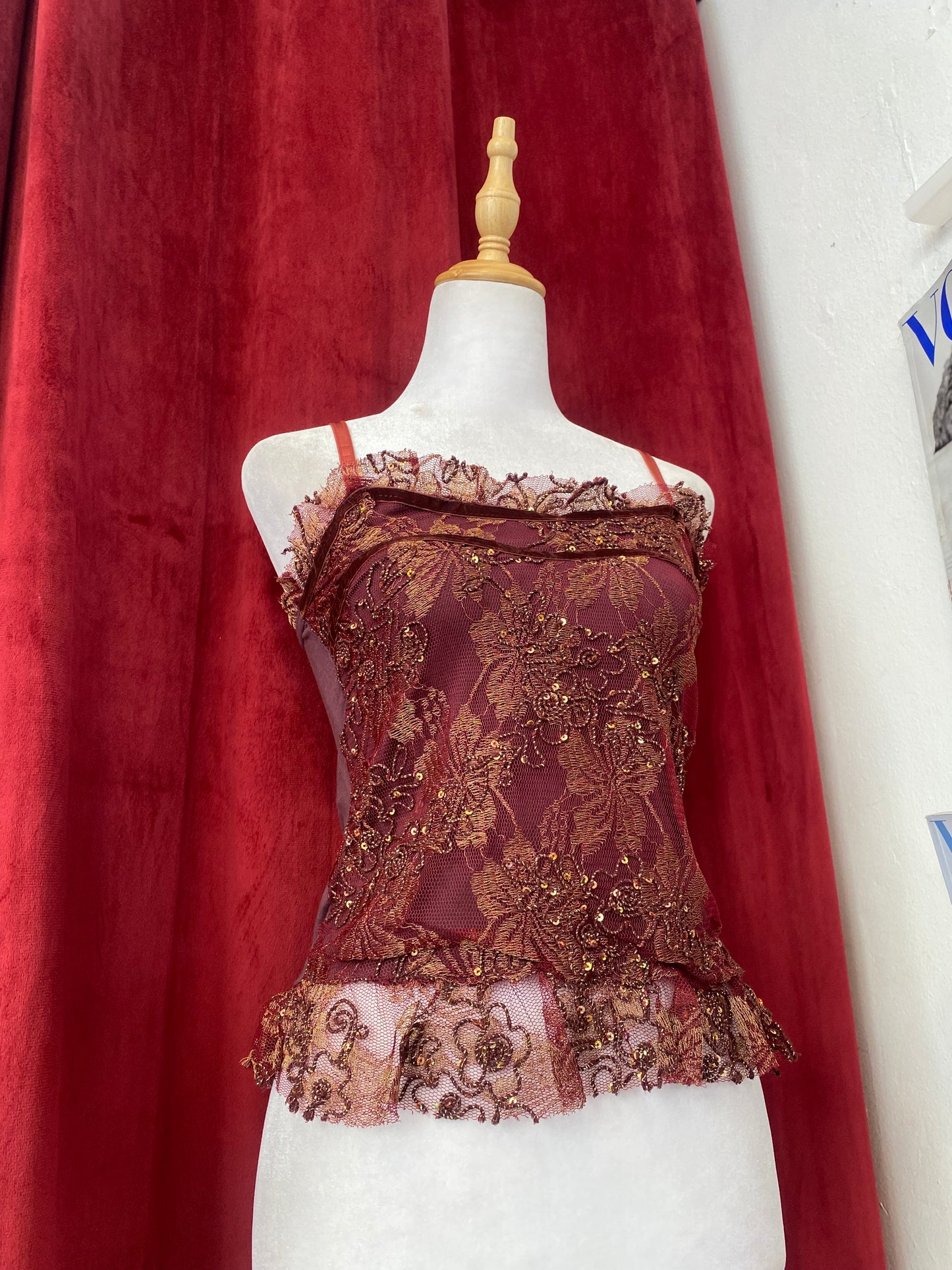 Burgundy top with gold lace ✨