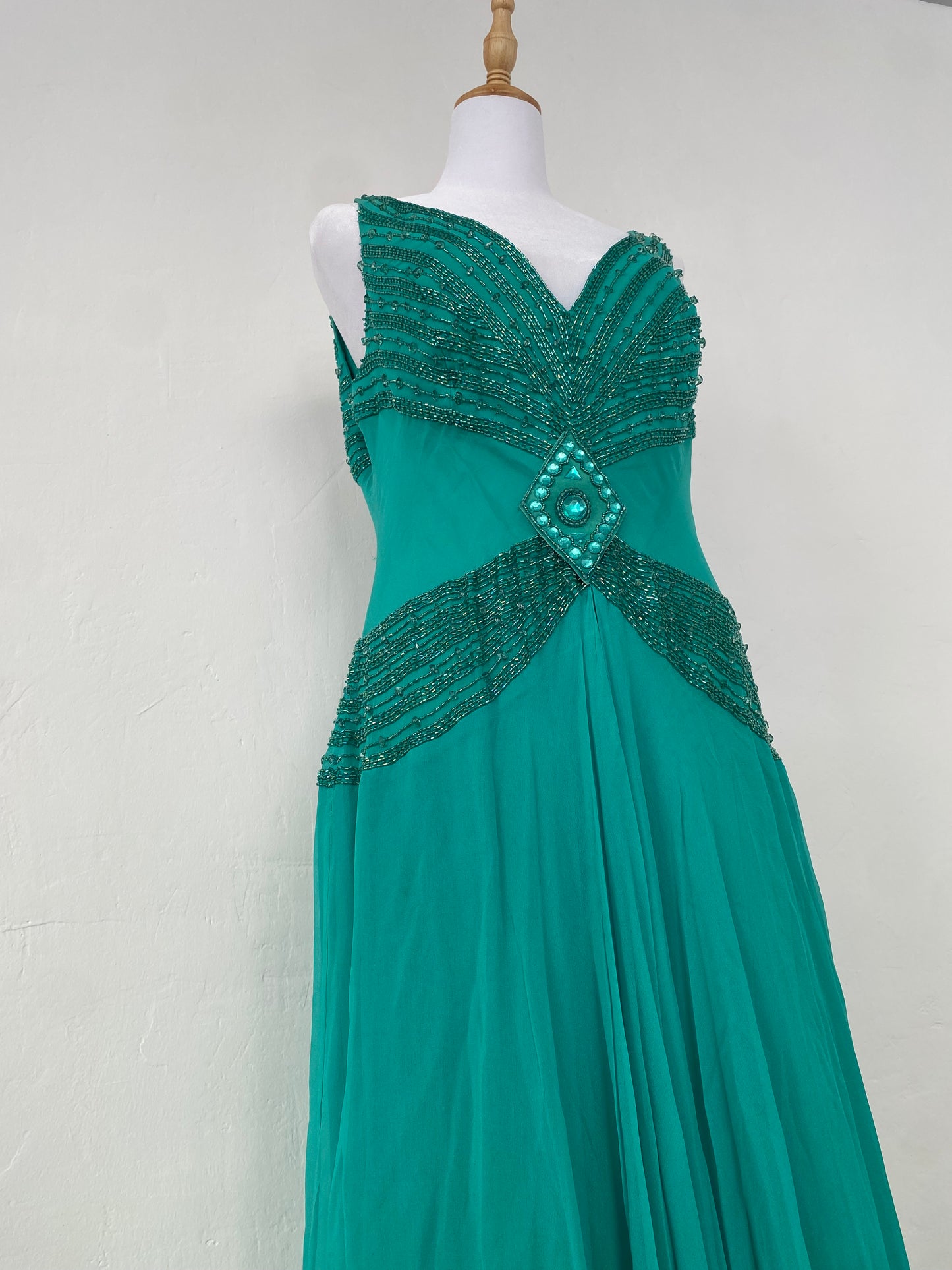 100% silk brand new handbeaded turquoise maxi gown